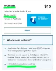 Australia Telstra SIM Starter Unlimited National Call 10GB Data 100 Int TXT 14D