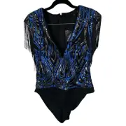Boohoo Premium Bugle Beaded Fringe Sequin Bodysuit Blue Black Size 6