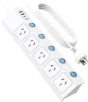 Power Board Surge Protected with Individual Switch, Powerboard with 5 AC Outlets 4 USB Ports (2 USB C), 1700J Surge Protector, SAA Certified, 1.5M Extension Cord for Home and Office, White