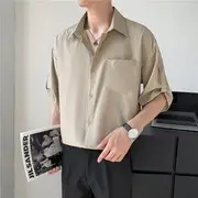 Short-Sleeve Plain Button-Up Shirt Brown - 2XL