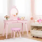 CostwayVanity Makeup Table Set with Real Mirror for Little Girls-Pink