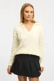 White Cable Knit Jumper V-neck - Size 12M, Women's Basic Knit