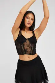 Black Black Lace Top Short Sleeve Slightly Stretch - Size L, Women's Top