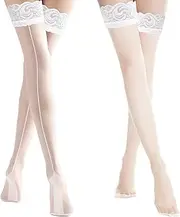 [Hioip] Womens Hold Ups Stockings with Back Seam Hold Ups Womens Sensual Stockings Over Knee Socks Sexy Anti-Slip Silicone Sheer Thigh High Stripped Top Lingerie Hosiery Office (White）, White, One size