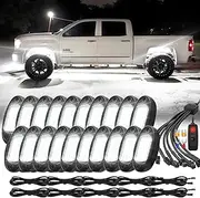 20Piece Pure White LED Rock Lights Kit 6500K with Extension Wiring Harness Power Kill Switch, 15EDs Neon Bright Underglow Light 12v Waterproof Fender Lights for Trucks Jeep Trailer Off Road ATV UTV