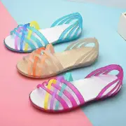 2022 Summer Women"s Beach Flat Sandals Colorful Open Toe Jelly Cutout Flats Apricot EUR 39