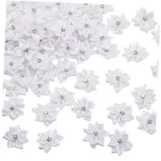 100 Pcs Satin Ribbon Flowers Bows Rhinestone Appliques 1.1 Inch DIY Mini White