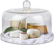 Flexzion Marble Cheese Holder Cake Stand with Lid Glass Cover, Cheese Dome, Cake Saver Serving Platter, Stone Cake Stand Cutting Board Slab for Kitchen, Dining Room Bakery Pastries Display, 8.7 Inches