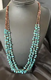 Blue Kingman Turquoise Shell 3 Strand Santo Domingo Necklace 24" 18892