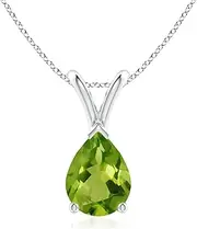 [Angara] Natural V-Bale Pear-Shaped Peridot Solitaire Pendant Necklace in Sterling Silver/14ct Solid Gold for Women | August Birthstone Jewellery for Her