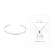2pc Annabel Trends Stainless Steel Cuff Bangle & Pendant Zodiac Aries Silver