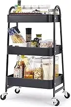 MOTRAIN 3-Tier Metal Rolling Cart with Wheels, Fruit Vegetable Storage Baskets, Multi-Functional Storage Trolley for Kitchen, Bathroom, Office, Dressing Room, Space-Saving & Durable (Black)