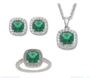 Created Emerald & White Sapphire Halo Jewelry Set: Ring, Earrings, Necklace
