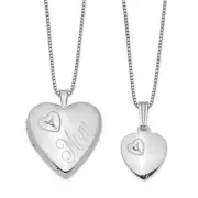 925 Sterling Silver Diamond Heart Mom Photo Locket Necklace Set