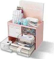 RISEMART Desk Organizer with 3 Drawers, Multifunctional Pen Holder for Desk, Desk Organizer and Storage with 5 Compartments, Desk Organizer for Office, Home, Pink