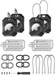PROfezzion 4 Pack 2-in-1 Secure AirTag Holder Hard Shell Case with Key Rings, Key Tag, Metal Wire Cable, Allen Wrench and Spare Screws for Keychain, Dog Collar, Luggage Bag, Backpack & More