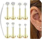 [Kakonia] 14K Gold Filled Threadless Nose Studs CZ Nose Rings for Women Men 316L Surgical Steel Labret Studs Lip Rings Push in Flat Back Stud Earrings CZ Nose Nostril Tragus Helix Piercing Jewelry 16G