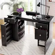 Advwin Manicure Table for Nail Tech with Dust Collector Glass Top Acetone Resistant Drawers Shelves Crystal Handles Black