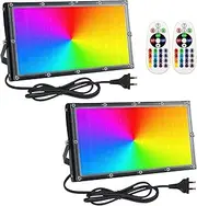 RGB Flood Light,LED Flood Light - 2 Pack 100W Smart RGB Light with Remote Control,Waterproof IP66 Floodlight,Outdoor Colour Changing Lights for Garden,Yard,Stage Lighting,Discos