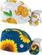 [WOSHJIUK] Working Hat 2 Pack Scrub Caps for Women,Oranges Fruit Floral,Tie Back Cap Adjustable Scrub Hat