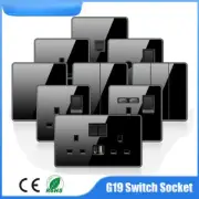 Wall Light Switch Power Socket Type-C Outlet Black Full Tempered Glass Panel