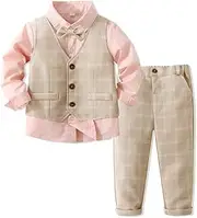 [Abolai] Baby Boys' 4 Piece Elegant Gentleman Set with Pink Shirt,Bowtie,Plaid Vest and Plaid Pant