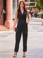 Sosandar Black Tuxedo Wrap Tapered Jumpsuit (Q67418) | $196