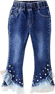 [iiniim] Kids Girls Pearls Decor Flare Jeans Elastic Waist Ruffle Lace Hem Bell Bottom Denim Pants Stretchy Casual Leggings