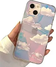 I-MGAE-IN-AR Phone Hard Case 6.1 inch Compatible with iPhone 15 Case 2023 Release Slim Cystal Clear Holographic White Cloud Women Girls, Hard PC Shockproof Protective Design