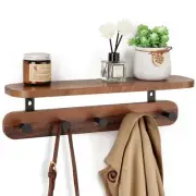 Coat Rack Wall Mount with Shelf 17"Walnut Wood Hooks Entryway Floating 5 Metal