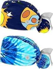 [WOSHJIUK] Working Hat 2 Pack Scrub Caps for Women,Space Stars Planet Rockets Sun,Tie Back Cap Adjustable Scrub Hat