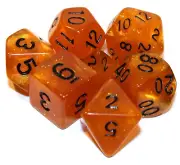 7 Piece Burnt Orange Glitter Polyhedral Dice Set w/ Brown Bag - Dwarven Brandy
