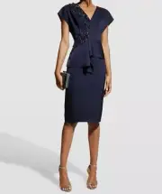 $450 Aidan Mattox Women's Blue V-Neck Embroidered Cocktail Dress Size 2