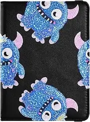 [Amooorous] Fake Glitter Cartoon Monster Black Leather decorative cute passport holder Vaccine Case Protector Cover Passport Wallet Ultra Slim, Fake Glitter cartoon monster black, 1 size