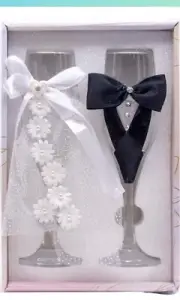 Bride & Groom Wedding Champagne Flutes White Dress Tuxedo