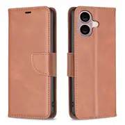 For iPhone 16 Plus Case, PU Leather Lambskin Textured Cover, Brown