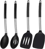 Silicone Spatula Spoon, 4 Pack Silicone Solid Turner Slotted Spatula and Kitchen Silicone Spoons Set for Cooking Baking, Heat Resistant Black Silicone Utensils (Black, One Size)