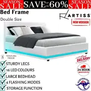 Artiss Lumi LED Bed Frame PU Leather Gas Lift Storage Double Size Bed Base White