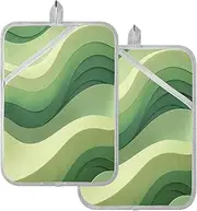 Pot Holders Heat Resistant Green Gradient Line Potholders with Pockets Hot Pot Holders Pads Oven Mitts 2 Pack