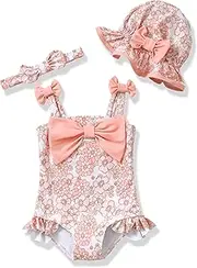 [Renotemy] Baby Girl Swimsuit Infant Bathing Suit Swimwear Sleeveless Bikini Tankini Toddler Girl One-Piece Swimsuit with Hat