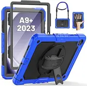 [SEYMAC] Samsung Galaxy Tab A9 Plus 11 Inch 2023 Case, Shockproof for Galaxy Tab A9 Plus Case with Screen Protector, 360° Rotating Stand/Hand Strap, Shoulder Strap, with Pen Holder, Blue