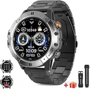 Military Smart Watch for men with calls,1.52'' round HD display sport Fitness tracker with HR Monitor Ai Voice Assistant 1ATM waterproof,100+ Sport modes smartwatch with Steel straps for Android IOS