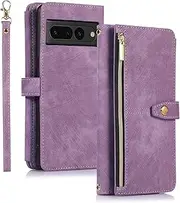 UEEBAI Wallet Case for Google Pixel 7 Pro, Retro 9 Card Holder Slots Zipper Pocket Handbag Case PU Leather Magnetic Closure Kickstand with Wrist Strap TPU Shockproof Flip Case - Vintage Purple