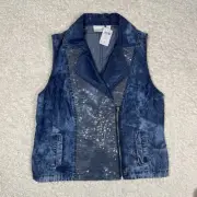 Chico's Denim Sequin Moto Vest Zip Front Size 2 Large 12 Acid Washed Sleeveless