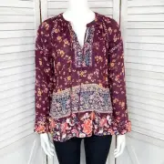 Knox Rose Blouse Womens XS Maroon Floral Boho Peasant Long Sleeve Pullover New