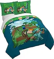 Jay Franco Minecraft Creeper Queen Size Duvet Cover and Sham Set - 3 Piece Super Soft Cozy Blue and Green Kids Bedding for Gamers with Alex & Steve