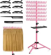 OLMRJKD Braiding Hair Rack with Tray, 144 Pegs Height Adjustable Braiding Rack, 2-side Hair Extension Holder Hanger, Hair Stand with Stylist Hair Braiding Tools for Hair Salon Home Traveling (Pink)