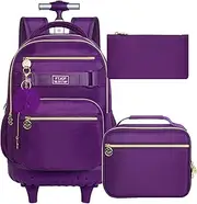 HPJGD 3PCS Rolling Backpack for Girls, Womens School Backpacks with Wheels, Water Resistant Roller Kids Wheeled Bookbag Set