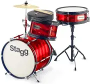 Stagg Kids Child's Full Drum Set Kit - Red + Sticks, Cymbals & Throne