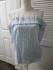 CeCe Cotton Spandex 'Blue Skies' Cold shoulder Pleats Striped Top NWT $99